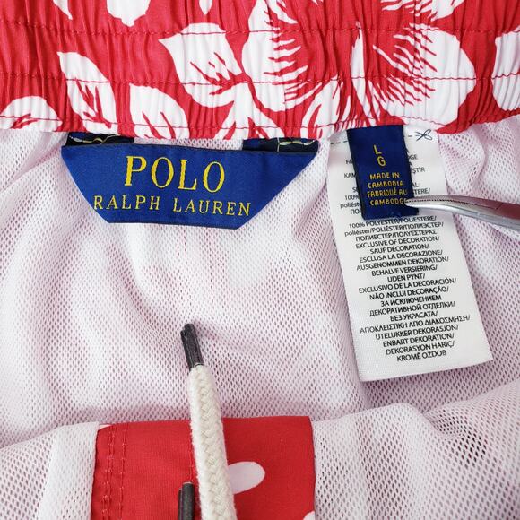 POLO Ralph Lauren Men's Large Hawaiian Board Shorts/Swim Trunks Red White VGUC - Picture 2 of 13